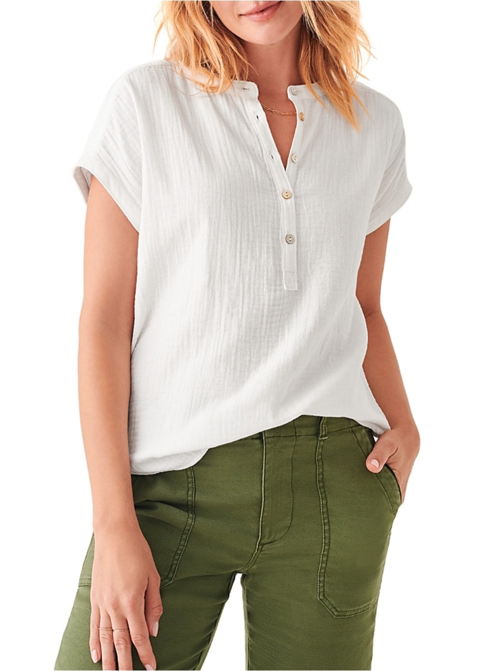 Faherty Desmond Gauze Top Henley White Cotton XL